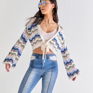 Francesca's Multicolor Crochet Bell Sleeve Fleur Tie Front‎ Pullover NWT - M